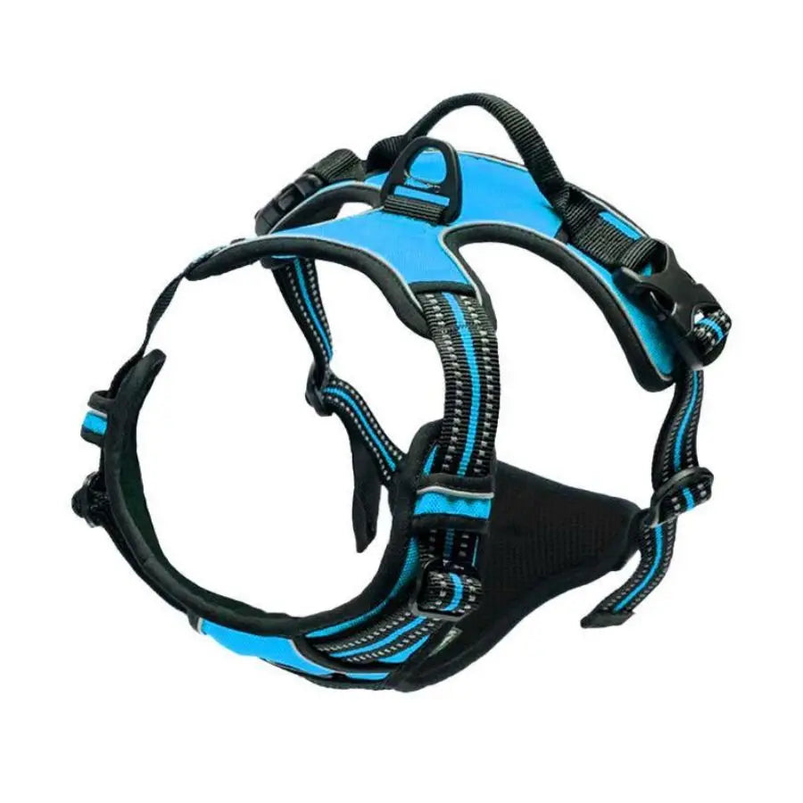Dog harness features infographic front clip padded reflective