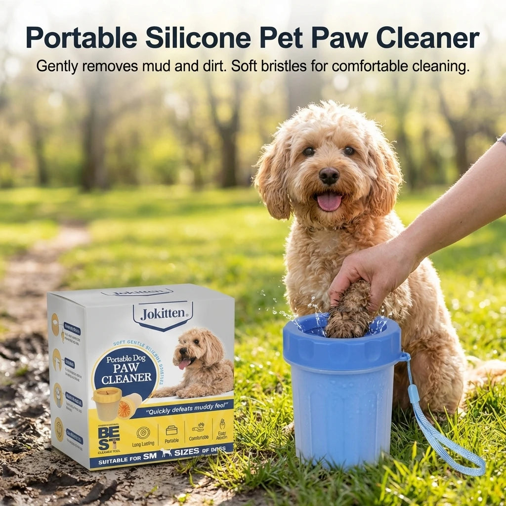 Dog paw being cleaned with Dogora Paw Cleaner cup