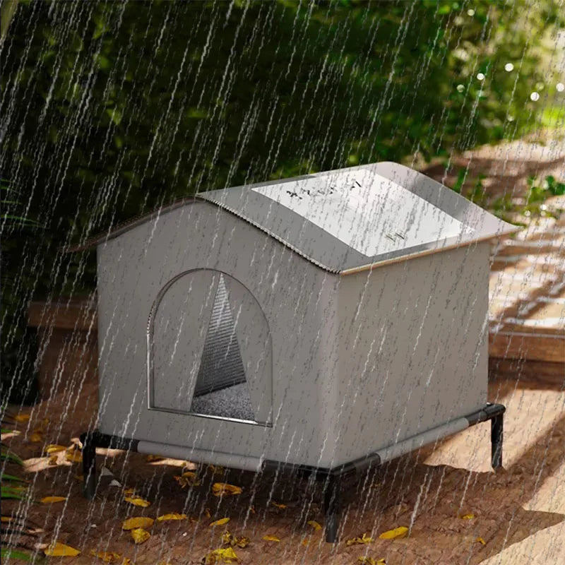 Outdoor dog house folds flat for storage and travel