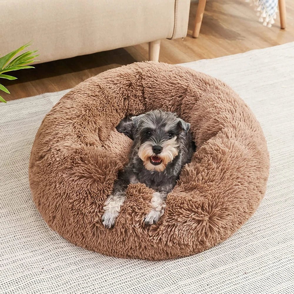 Round plush dog bed raised edges nest feeling — Dogora