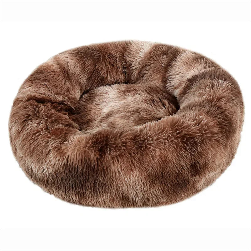 Round plush dog bed black and grey tones living room interior